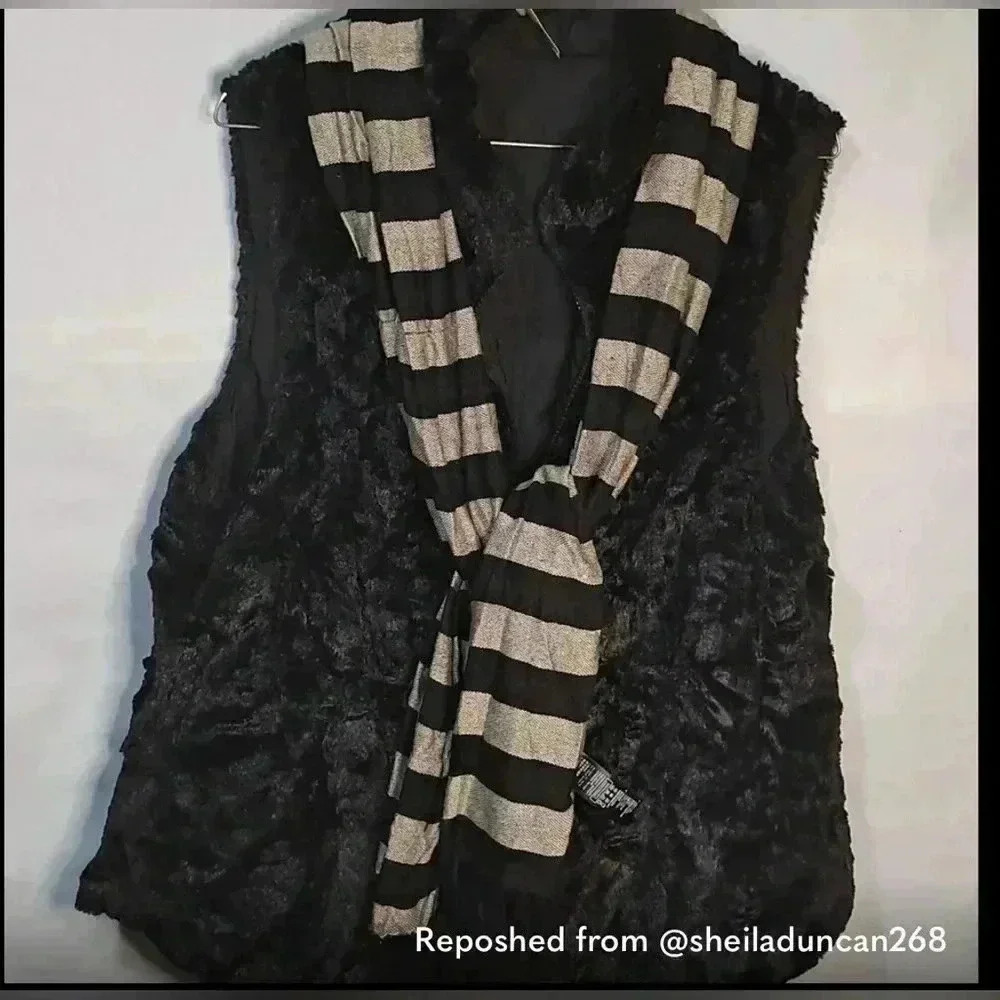 Black Faux Fur Vest with Striped Scarf